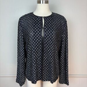 Doncaster Navy Silver Beaded Silk Formal Long Sleeve Collarless Jacket Size 12